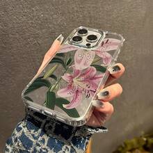 Lily Pattern Mobile Phone Case Decorated With Pink Blossoms And Green Leaves Design Suitable For IPhone 16 15 14 13 12 11 Pro Plus Promax Models TPU Material Shockproof Protection It Is A Great Gift For Family Friends Children Birthdays Spring Festival Holidays Boyfriends Girlfriends And Valentine's Day