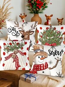 4 件套圣诞装饰枕套、雪人圣诞树驯鹿图案靠垫套、圣诞快乐派对装饰、圣诞客厅卧室装饰枕套、圣诞床椅沙发装饰沙发套、圣诞家居装饰、房间装饰、2026 新年装饰、圣诞装饰、圣诞礼物