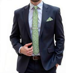 Silk Floral Necktie Set With Tie Clip, Handkerchief & Cufflinks - Green Floral - View 7