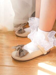 2 Pairs Baby Girls' Cute Solid Color Ruffle Trim Everyday Casual Short Socks, Student Socks, Versatile Daily Wear - Black and White - View 3