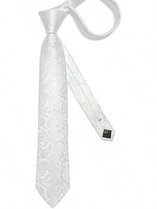 Conjunto de corbata de seda con estampado floral, incluye pinza de corbata, pañuelo y gemelos - Blanco sólido - Ver 9