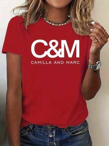 1PC Simple Elegant C&M Print Casual Sports Black White Brick Red Dark Gray Matcha Apricot Red Round Neck Pullover T-Shirt Comfortable Silky Short Sleeve Top - 黑色 - 查看 6