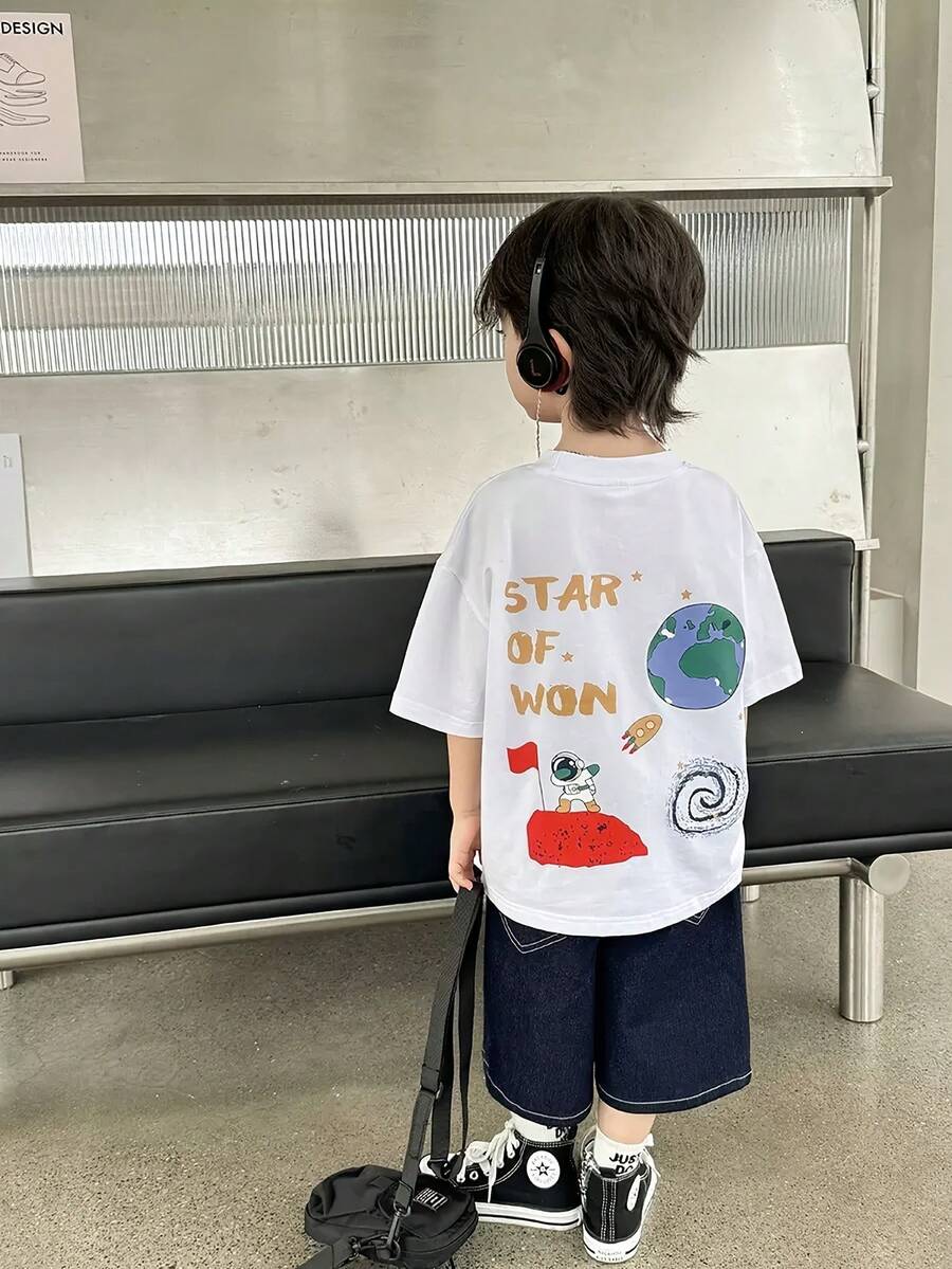 Boys' Pure Cotton Casual Print Round Neck Header Short Sleeve T-Shirt, Comfortable Sports Short Sleeve T-Shirt, Breathable Regular Type Is Suitable For Summer Travel And Daily Wear - 白色 - 查看 1