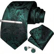 Silk Floral Necktie Set With Tie Clip, Handkerchief & Cufflinks - Green Black - View 9