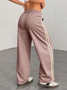 Pantalón Holgado Recto Deportivo Rayas en Costados Pierna Ancha Para Mujer Con Jareta De Dama - Rosa vieja - Ver 2