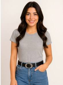 Women's Basic Viscolycra Blouse Round Neck Baby Look Short Sleeve - 灰色 - 查看 1