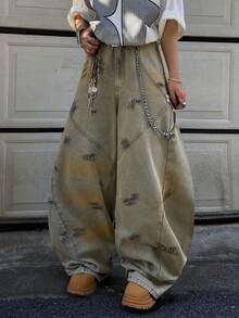 1pc Vintage American Design Mud Dye Wash Patchwork Handpainted Barrel Leg Jeans (Product Does Not Include Belt And Accessories) - Yellow - View 7