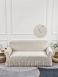 1pc Milk Silk Fabric Anti-Slip Elastic Sofa Cover, Decorative Stretch Sofa Slipcover, Printed Linen Gray Simple Polka Dot, Single/Double/Three/Four Seater Sofa Cover, Linen Gray Printed Multi-Color Simple Sofa Cover, New Style Ruffle Sofa Cover, Suitable For Spring, Summer, Autumn, Winter - Solid Color - View 2