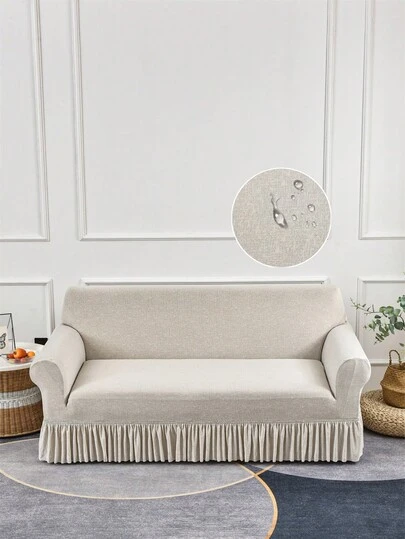 1pc Milk Silk Fabric Anti-Slip Elastic Sofa Cover, Decorative Stretch Sofa Slipcover, Printed Linen Gray Simple Polka Dot, Single/Double/Three/Four Seater Sofa Cover, Linen Gray Printed Multi-Color Simple Sofa Cover, New Style Ruffle Sofa Cover, Suitable For Spring, Summer, Autumn, Winter