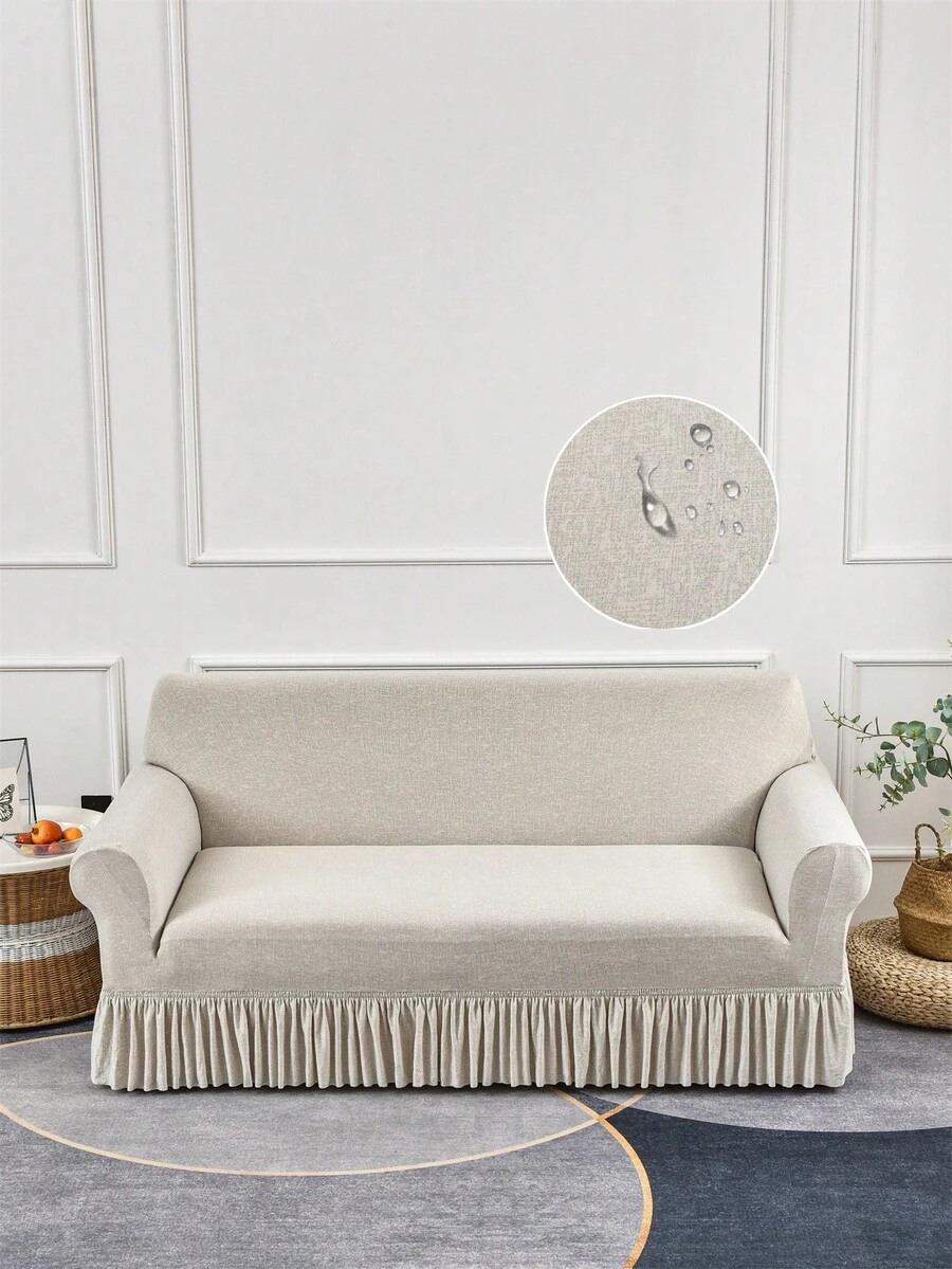 1pc Milk Silk Fabric Anti-Slip Elastic Sofa Cover, Decorative Stretch Sofa Slipcover, Printed Linen Gray Simple Polka Dot, Single/Double/Three/Four Seater Sofa Cover, Linen Gray Printed Multi-Color Simple Sofa Cover, New Style Ruffle Sofa Cover, Suitable For Spring, Summer, Autumn, Winter