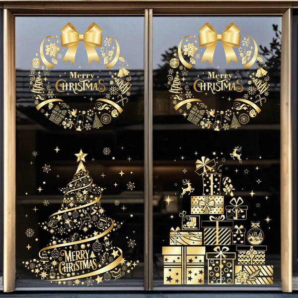 Christmas Tree Gift Wreath Window Cling Film, Extra Large Gold Christmas Window Static Cling Stickers, DIY Wall Window Door Mural Display Decal Stickers Room Decor Wall Decor Wall Stickers Wall Sticker Home Decor Christmas Decorations
