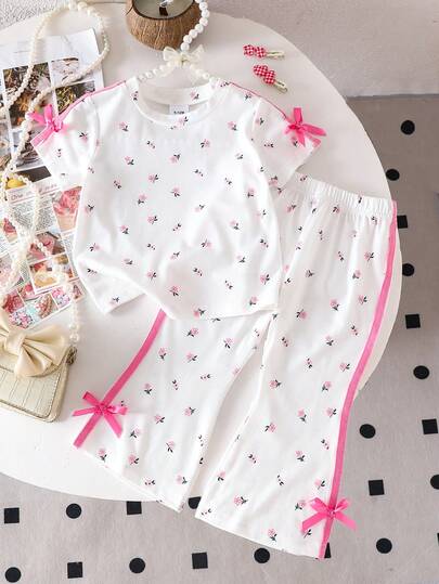 2 件套女婴 3D 蝴蝶结花卉印花休闲短袖 T 恤和喇叭裤，甜美可爱，适合外出、居家、聚会