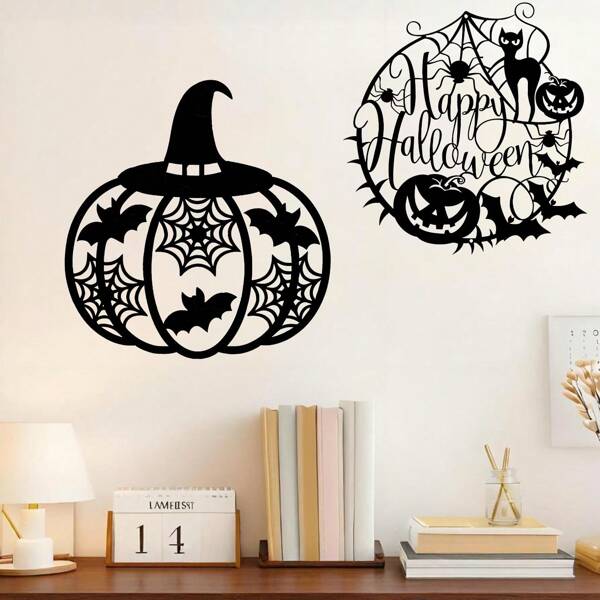 1 PIEZA Decoración colgante de pared de metal industrial con corte de Halloween a prueba de óxido, diseño de calabaza, sombrero de bruja, murciélago, telaraña para decoración del hogar