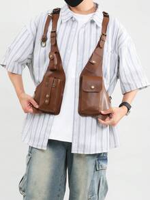 Arnés de pecho de estilo hip-hop retro de PU, correa para el hombro ajustable, bolso bandolera casual, bolso de hombro, accesorio para correr, portaherramientas, funda - Negro - Ver 5