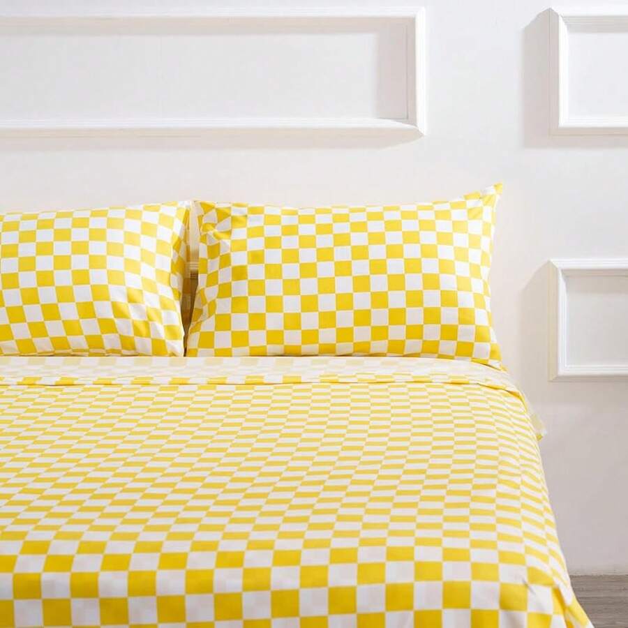 Best Season 4 Piece Bed Sheet Set - Full Size - Soft Microfiber Bedding Sheet Set, Deep Pocket, Stain, Fade & Wrinkle Resistant (Plaid Black & White), Luxury Comfortable - 黃白格子圖案 - 查看 1