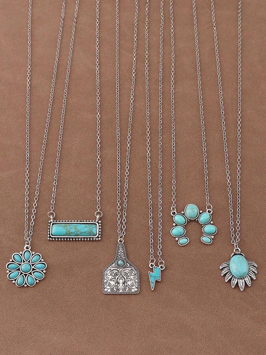 SUPBORA 6pcs/Set Vintage Western Cowboy Style Turquoise Charm Pendant Chain Necklace, Suitable For Women's Daily Wear, 20 Inches Long - Antique Silver - View 1
