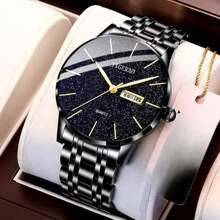 Step Into The Cosmos: New Men's Waterproof Double - Calendar Quartz Watch -  Starry Sky Design, Luminous & Non - Mechanical#K2 - 070 黑鋼星空 - 查看 1