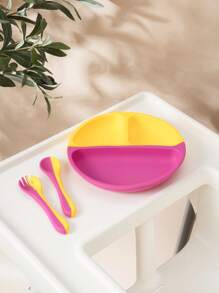 PopLittleOne 3 件装婴儿食物储存硅胶碗宝宝防水叉勺吸盘硅胶餐盘纯色婴儿餐具