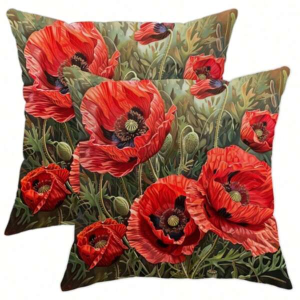 1pc Velvet Floral Poppies Throw Pillow Cover - Cottagecore Red & Green, Soft Polyester, One-Sided Print For Living Room Or Bedroom Decor, No Inserts Included, Living Room Decor | Contemporary Decor | Zipper Closure, Decorative Pillows