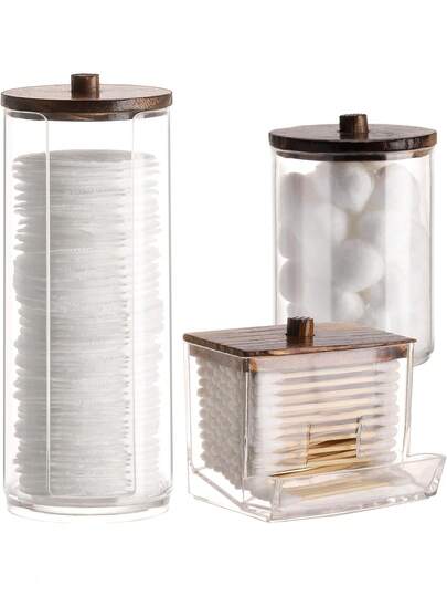 3 Packs Qtip Holder Bathroom Dispenser Storage Swabs, Makeup Pads, Dental Floss Picks - Clear Jar With Brown Wood Lid
