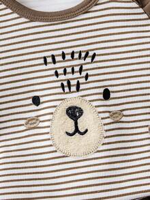 2 件套幼儿男童休闲装，可爱熊图案条纹拼接耳朵设计长袖上衣搭配棕色卷边裤，舒适的日常穿着 - 棕色 - 查看 3