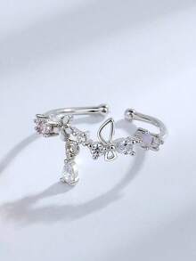 Nooxian 1pc Women Rose Gold Flower-Shaped Open Ring With Cubic Zirconia Valentines - Bạc - Xem 4