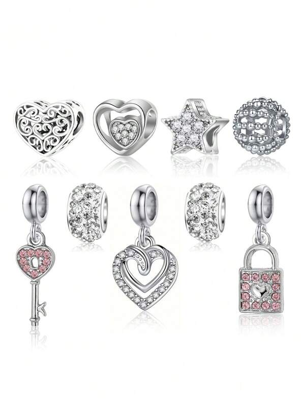 9pcs Elegant Fashion Heart, Star, Key, Love Lock Beaded Pendant DIY Decor Bracelet, Necklace, Earrings, Beads, Pendant, Charm, Creative Accessories