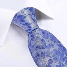 Conjunto de corbata de seda con estampado floral, incluye pinza de corbata, pañuelo y gemelos - Azul y blanco - Ver 9