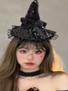 1 件万圣节女巫魔法派对帽头带，蕾丝边闪光服装配饰 - 黑色 - 查看 2