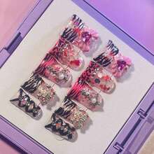 10pcs Y2K Red Nails Chic Short Duckbill Press On Nails Set - Handcrafted With Shiny Rhinestones, Zebra Stripes, Hearts, And Crystal Accents, Features Pink Black And French Tip Style, Perfect For Parties & Casual Attire, Suitable For Wedding Parties And Daily Wear, Includes Tool Kit For Easy Application. - 彩色 - 查看 2