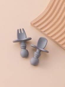 2PCS Personalized Customization Name Baby Silicone Spoon Fork Solid Color Kids Utensils Feeding Training Stuff Soft Print On Demand Baby Tableware - Multicolor - View 16