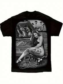Merkia Men's Junk In The Trunk Lowrider Chicano Graphic Tee - Heavyweight 220g Cotton Vintage Car & Pin-Up Girls Retro Streetwear Shirt - Black Chicano Art T-Shirt By David Gonzales DGA - Machine Washable Regular Fit (S-XXXL) - Ideal Gift For Latino Culture Fans, Casual Wear, Bold Print, Quality Print, Short Sleeve Top, Urban Fashion - màu đen - Xem 2