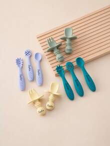 5PCS Personalized Customization Name Baby Silicone Utensils Mini Spoon Fork Food Accessories Solid Color Baby Tableware Print On Demand Baby's Cutlery - Multicolor - View 2