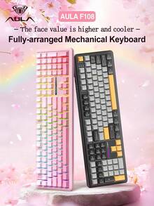 AULA F108 Three-Mode Mechanical Keyboard, Supporting Wired/Wireless Connection, 108 Fully Arranged Layout, Cool RGB Lighting Effect, Compatible With Windows/IOS System, Ergonomic Design, Suitable For Connecting Computers And Notebook Devices.