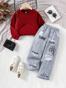 Conjunto de 3 piezas para niña: Suéter informal de manga larga, camiseta estampada y pantalones, para primavera/otoño