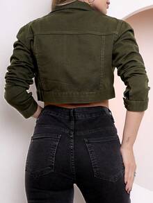 Cropped Denim Jacket With Hem, Women's Fashion - Dark Green - View 3