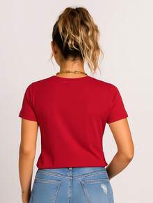 Women's Basic Viscolycra Blouse Round Neck Baby Look Short Sleeve - 紅色 - 查看 2