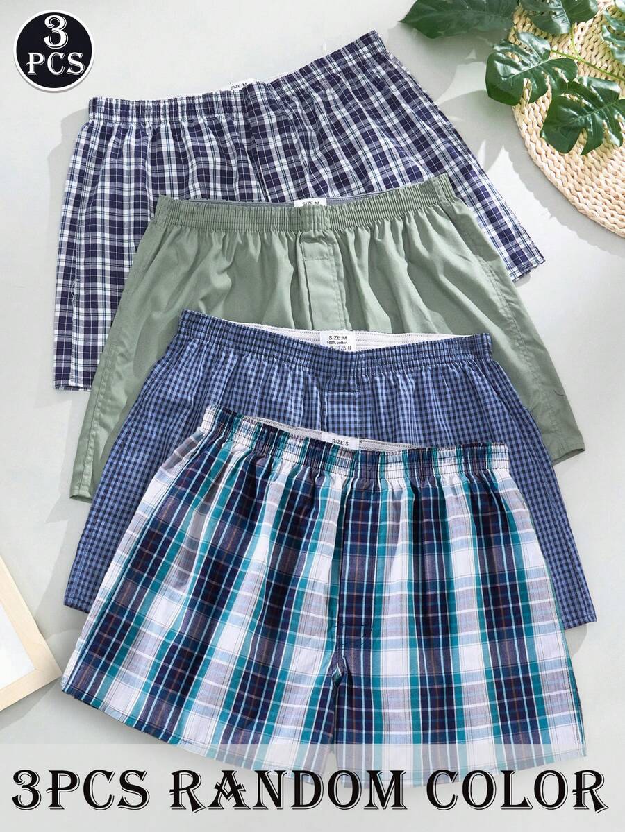 3条装男士棉质印花经典格子时尚舒适芦荟裤