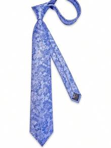 Conjunto de corbata de seda con estampado floral, incluye pinza de corbata, pañuelo y gemelos - Azul y blanco - Ver 6