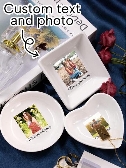 Custom Jewelry Tray With Photos And Text,Personalized Ring Plates,Customized Memorabilia Box,Customizable Picture Travel Jewelry Tray,Wedding Gifts,Birthday Gifts,Ceramic Jewelry Storage,Anniversary,Round/Heart/Square,Living Room,Valentine's Day,Bedroom,Besties,Bride,Friend,Lovers,Husband,Family