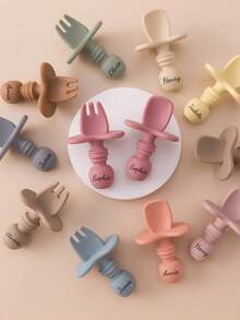 2PCS Personalized Customization Name Baby Silicone Spoon Fork Solid Color Kids Utensils Feeding Training Stuff Soft Print On Demand Baby Tableware - Multicolor - View 3