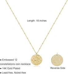 Zodiac Coin Embossed Choker Necklace Disc 12 Astrology Horoscope 14K Gold Plated Round Pendant Personalized Necklace Women Men - K 射手座(11月22日-12月21日) - 查看 11
