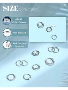 9 Pcs Hypoallergenic Septum Rings 16G Surgical Steel CZ Opal Clicker Hinged Nose Rings Hoop For Women Men Lip Conch Tragus Helix Daith Cartilage Earrings 8mm 10mm - Silver - View 3