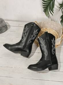 女童西部牛仔刺绣靴，圆头厚底中筒靴，秋冬款