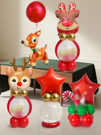 55件/套圣诞派对装饰气球，6种款式，包含巨型驯鹿头铝箔气球、18英寸透明乳胶气球、18英寸红色星星和圆形气球、3D驯鹿气球支架，家居装饰道具，适用于2026新年，温馨甜蜜的装饰