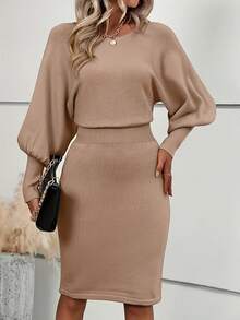 Women's Solid Color Round Neck Gigot Sleeve Fitted Elegant Knitted Dress, Autumn/Winter