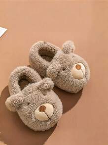 1 Pair Baby Cartoon Thermal Lined Flat Heel Casual Shoes, Suitable For Autumn/Winter - Khaki - View 5