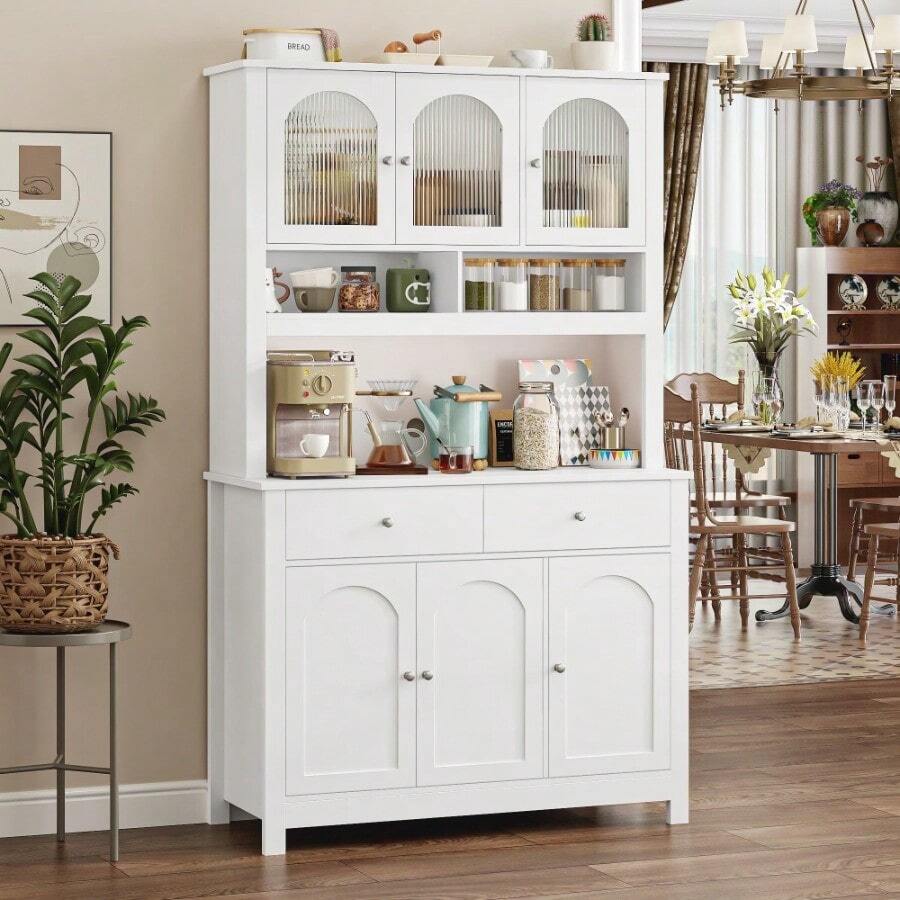 72" Kitchen Pantry Hutch Cabinet With 2 Drawers Microwave Storage Cabinet With Glass Doors And Adjustable Shelves White - trắng - Xem 1