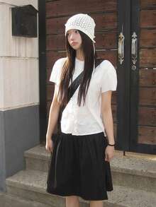 Korean Retro Black Floral Pleated Puffy Mid-Length Casual Versatile Skirt For Women