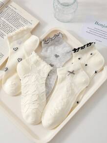 4 双黑白女士荷叶边甜美休闲洛丽塔芭蕾风格踝袜，图案：心形、蝴蝶结，优雅短袜，适合所有季节，随机发货 - 白色 - 查看 8